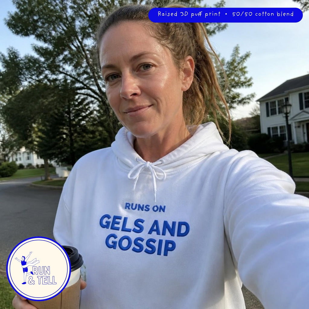Runs on Gels and Gossip 3D puff print hoodie, lifestyle photo