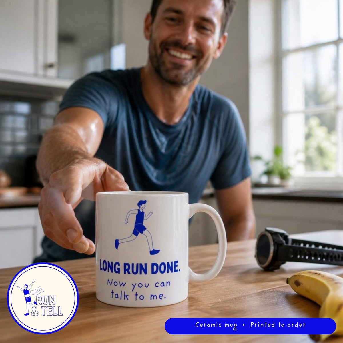 Long Run Done. Now You Can Talk to Me ceramic mug (his version), lifestyle photo