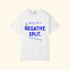 Aging Like a Negative Split white runner birthday t-shirt on a cream background