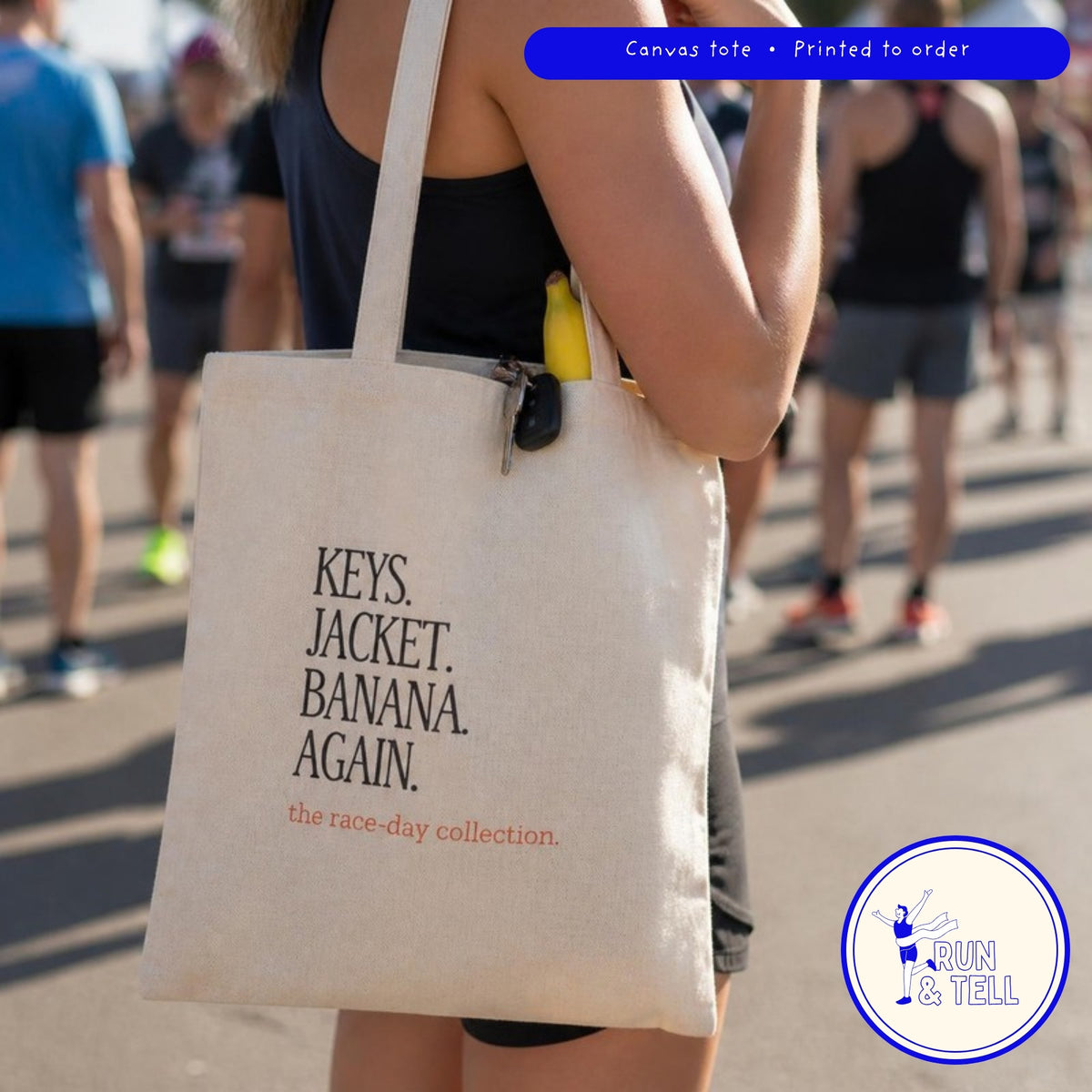 Keys. Jacket. Banana. Again. canvas tote, lifestyle photo