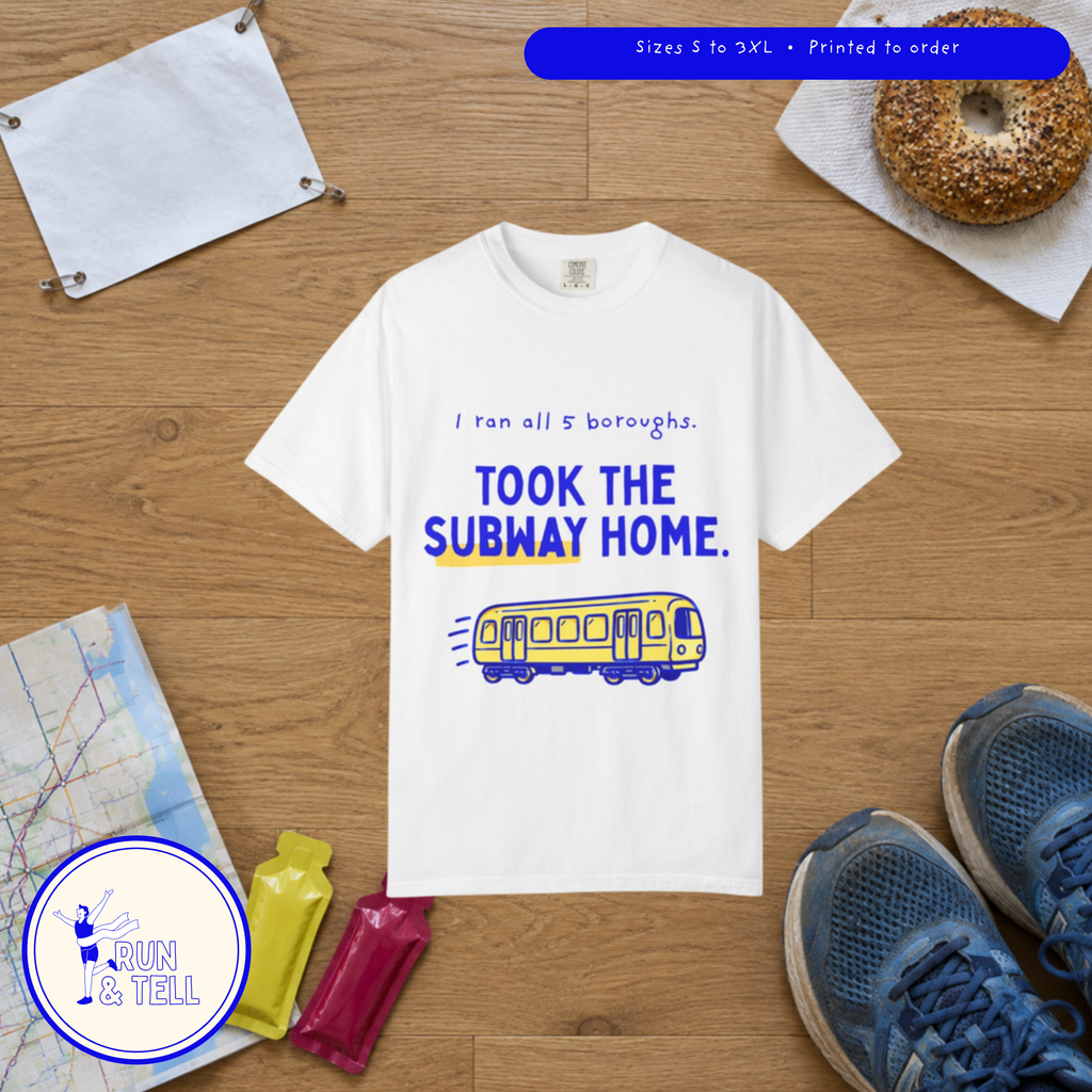 I Ran All 5 Boroughs, Took the Subway Home t-shirt by Run & Tell, shown in use