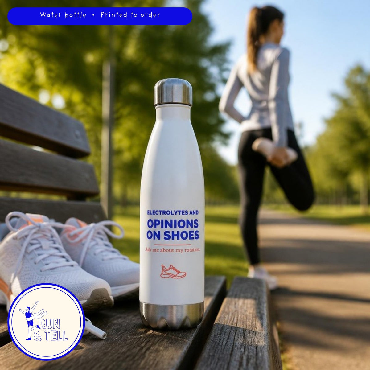 Electrolytes and Opinions on Shoes 20oz insulated bottle, lifestyle photo
