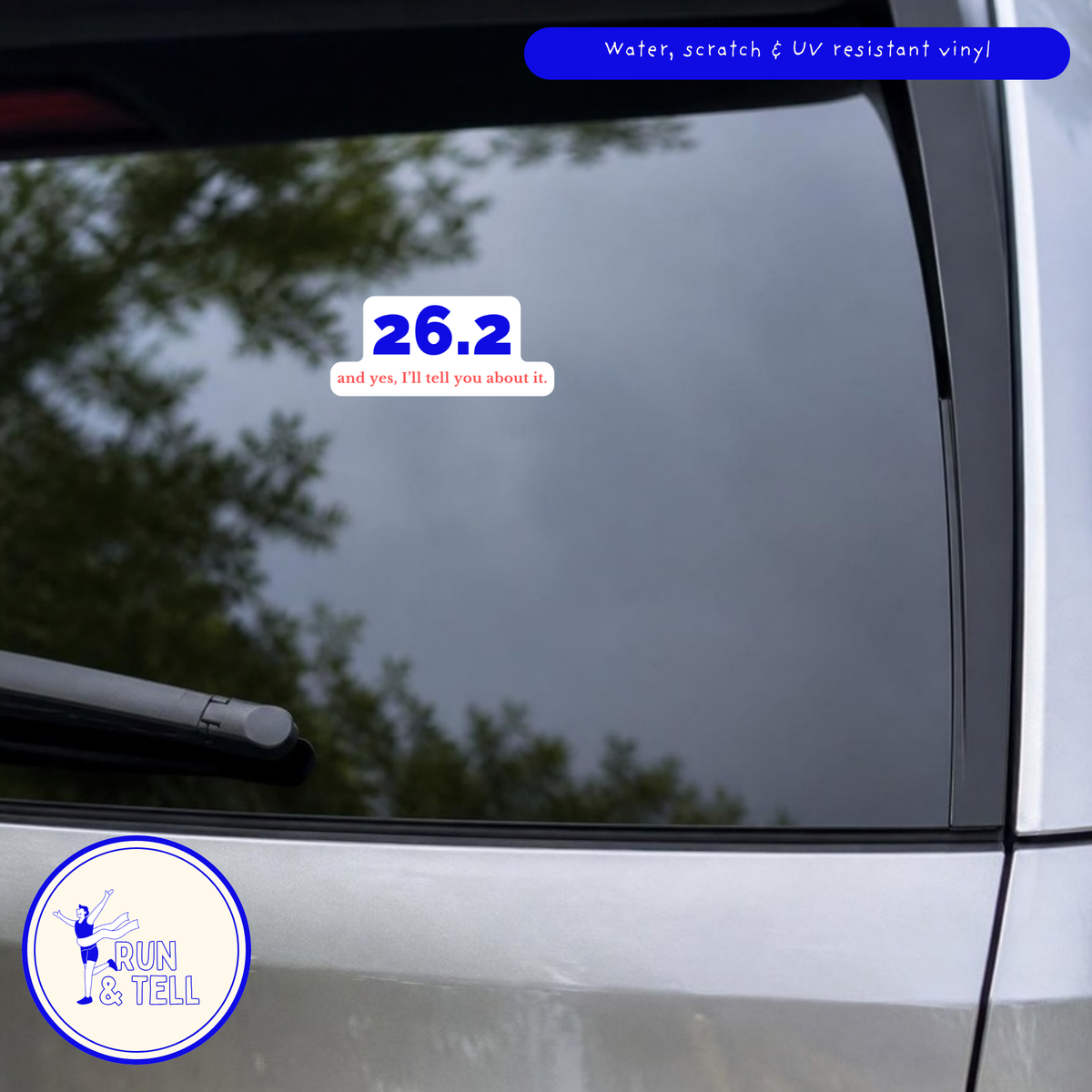 Close-up of the 26.2 and yes die-cut vinyl decal