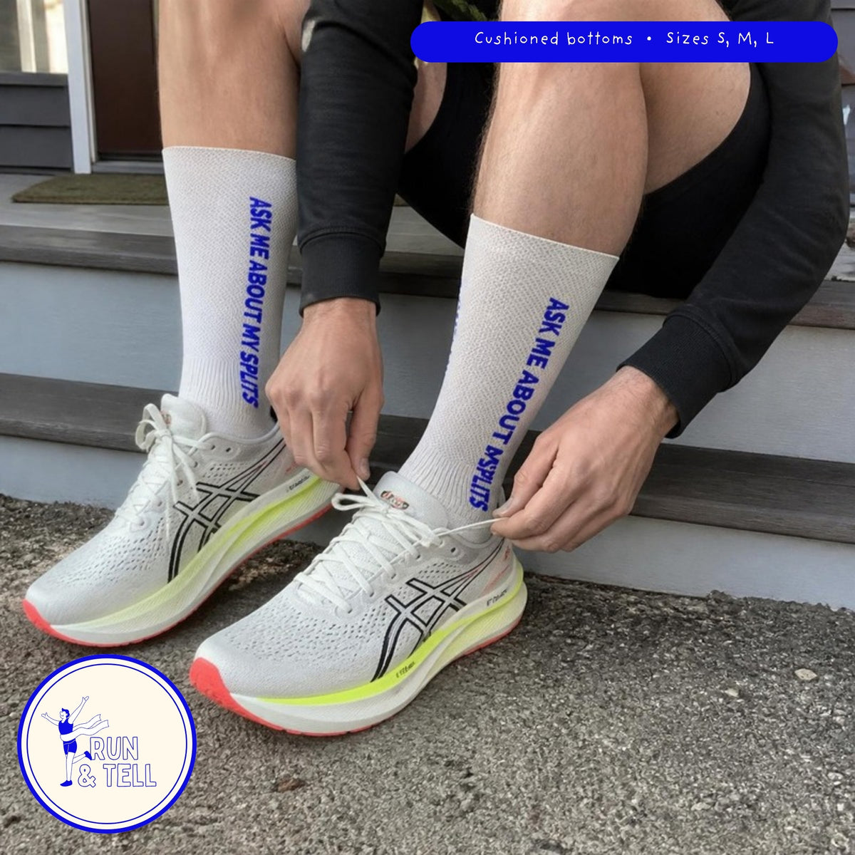 Ask Me About My Splits running socks – lifestyle photo