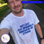 Runner wearing the Not Lost. Just Drawing a Dinosaur on Strava funny running shirt by Run & Tell