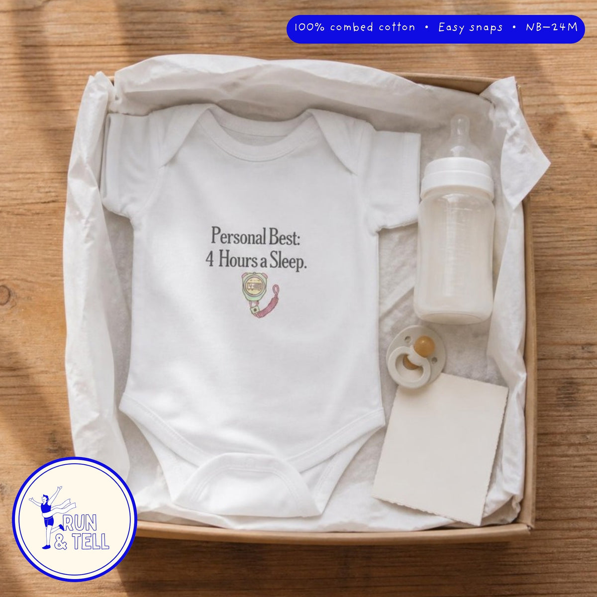 Personal Best: 4 Hours of Sleep baby bodysuit – lifestyle photo
