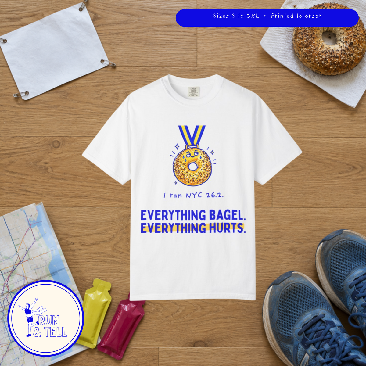 Everything Bagel, Everything Hurts t-shirt by Run & Tell, shown in use