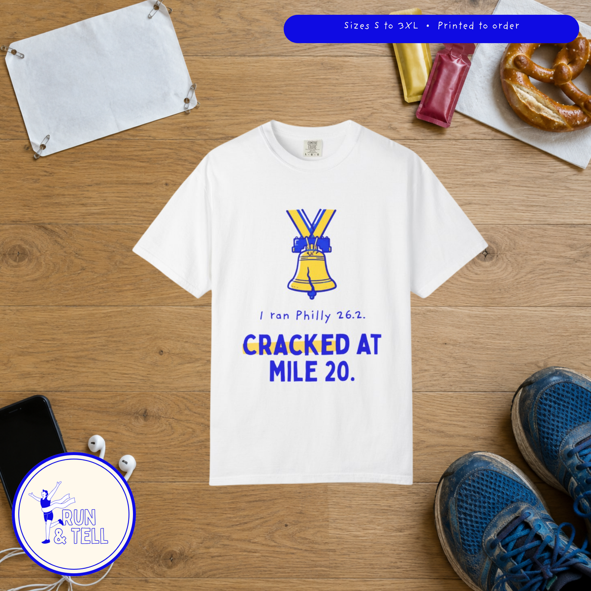 Cracked at Mile 20 t-shirt, Philly flat lay