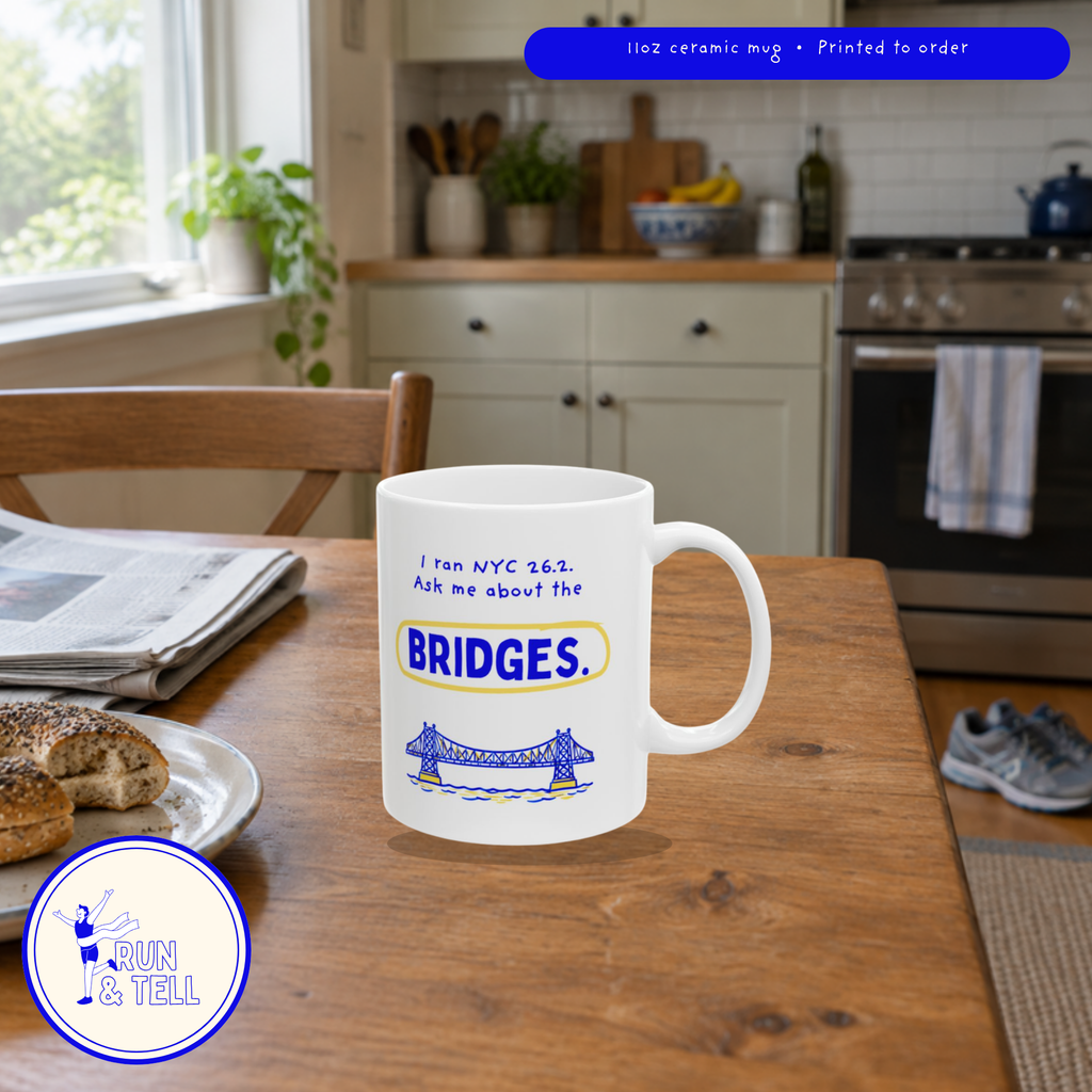 I Ran NYC 26.2, Ask Me About the Bridges mug by Run & Tell, shown in use