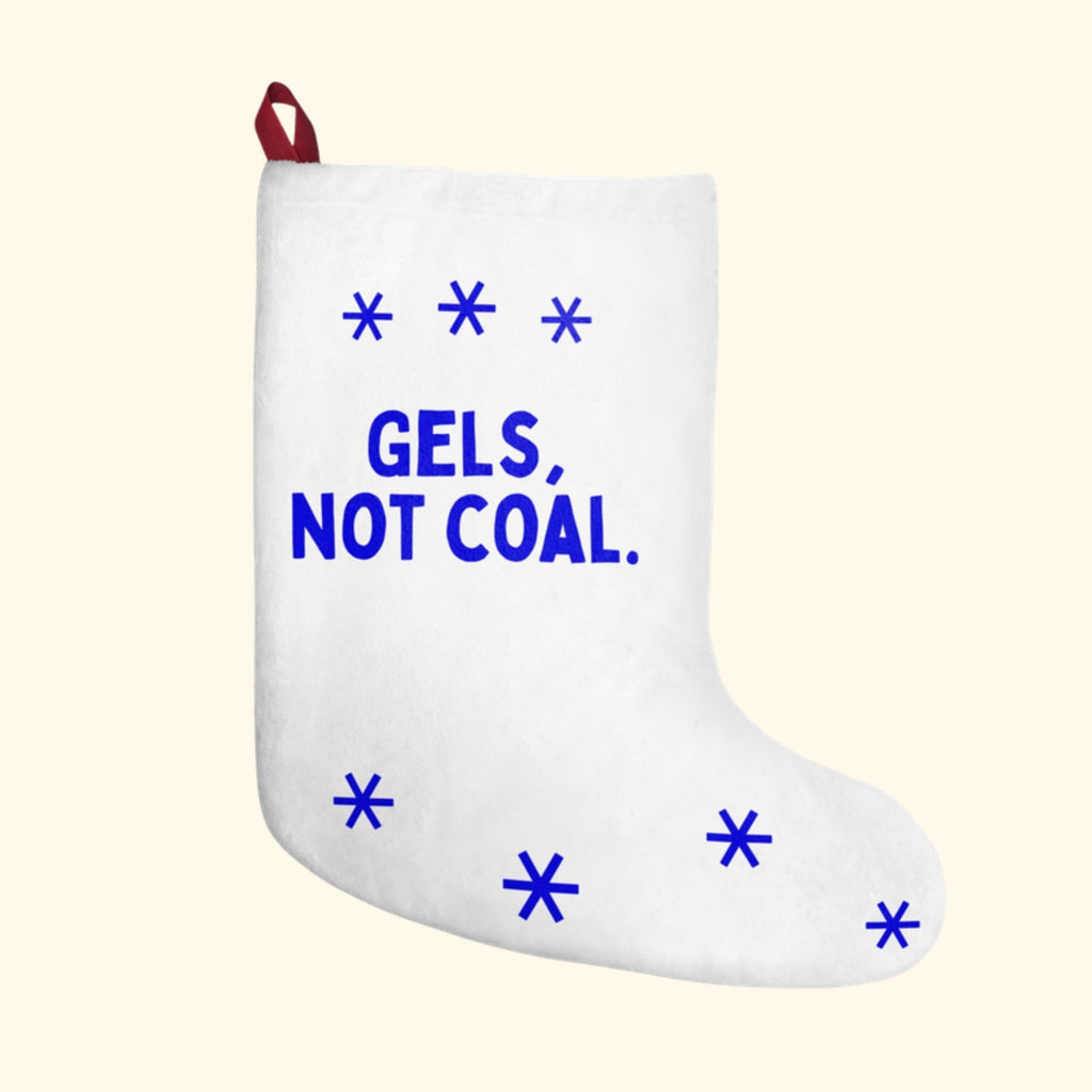 Gels, Not Coal Christmas stocking for runners on a cream background