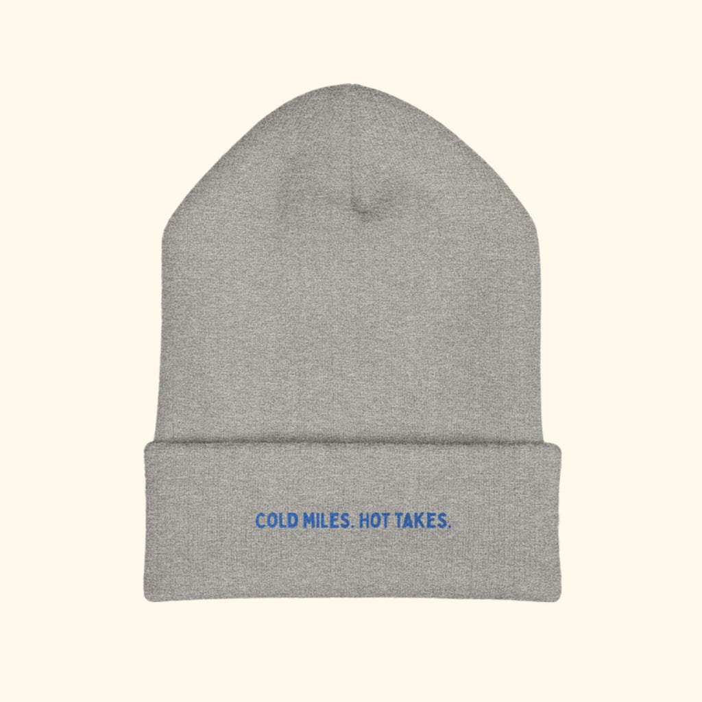Cold Miles. Hot Takes. embroidered running beanie on a cream background