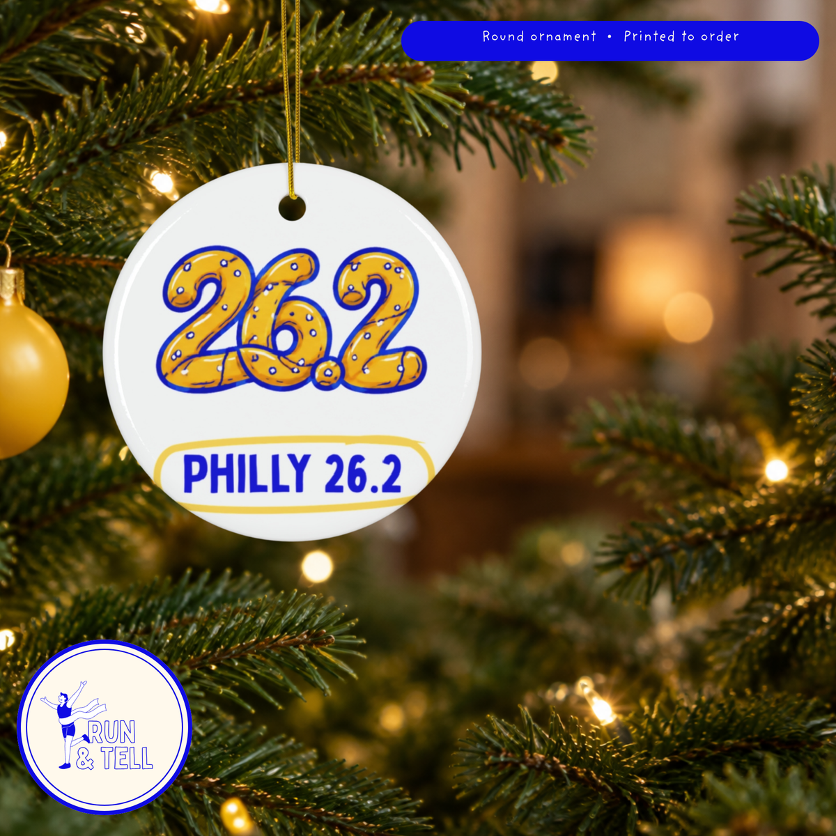 Philly 26.2 Pretzel Christmas ornament, tree bokeh