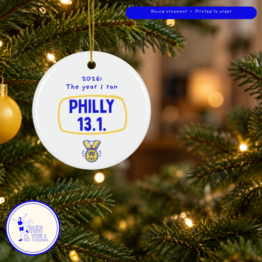 2026: The Year I Ran Philly 13.1 Christmas ornament, tree bokeh