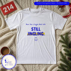 Still jingling Jingle Bell 5K tee flat lay on a knit blanket