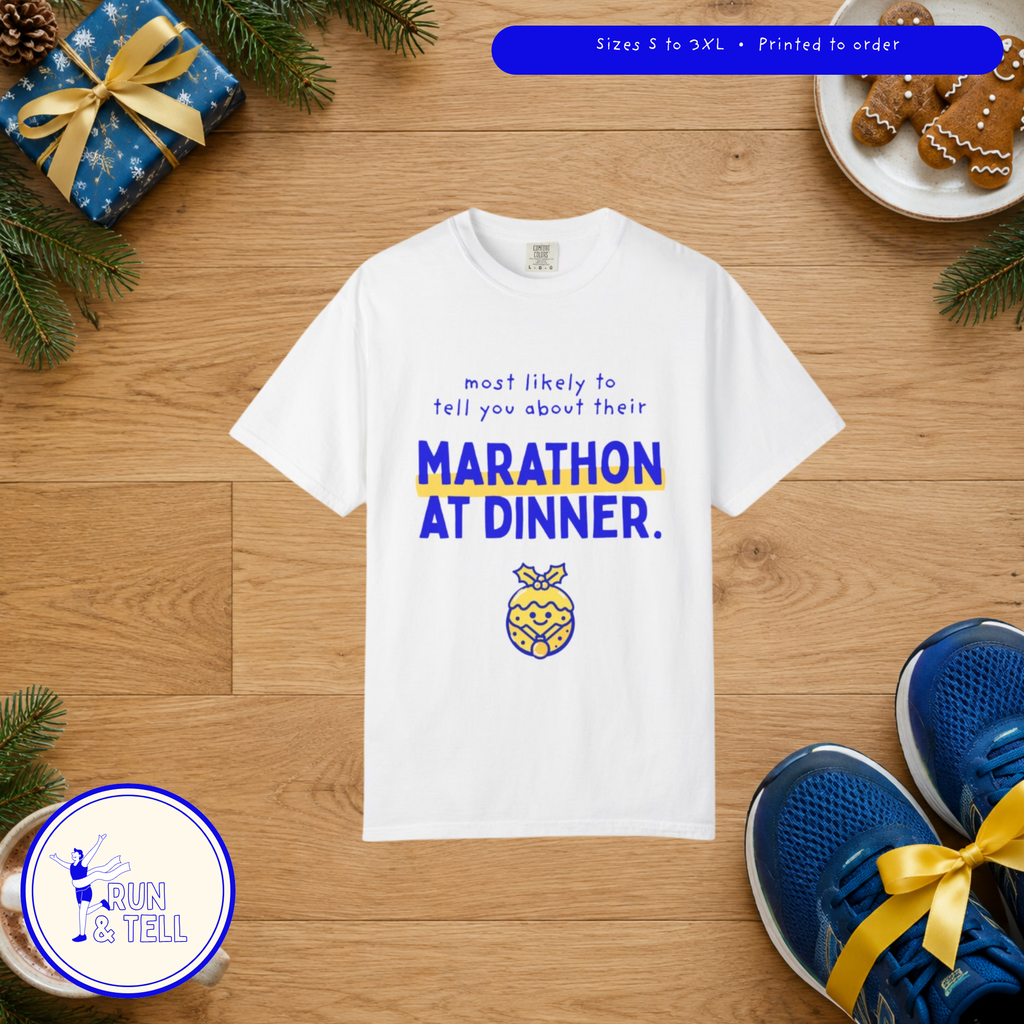Most Likely to Tell You About Their Marathon at Dinner t-shirt, Christmas flat lay