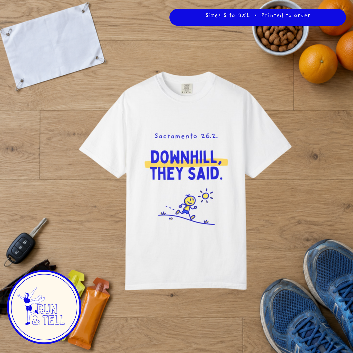 Downhill, They Said t-shirt by Run & Tell, shown in use