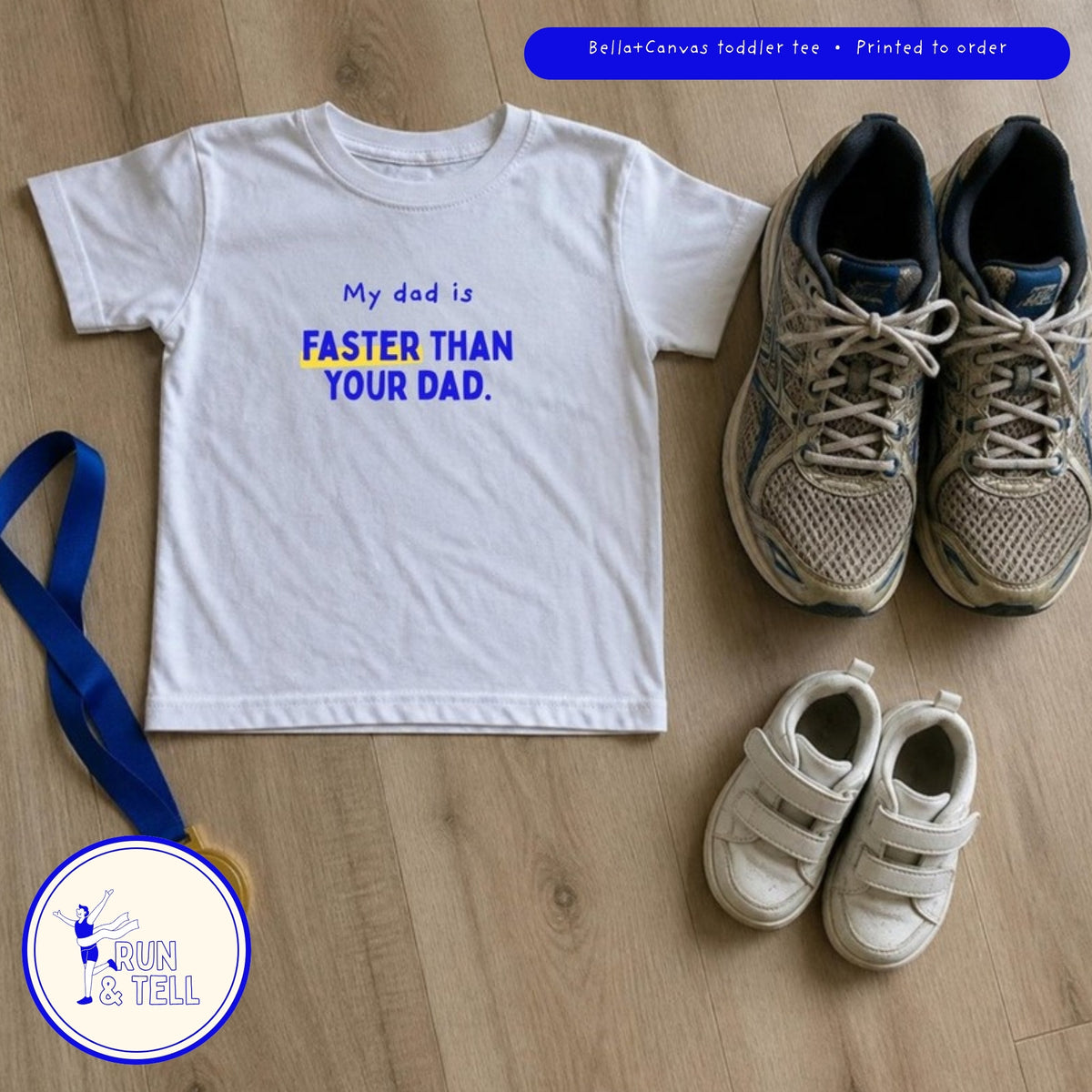 My dad is faster than your dad toddler tee with dad and kid shoes
