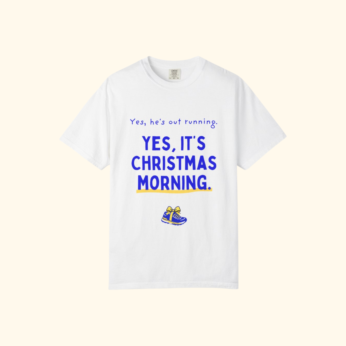 Yes, He's Out Running on Christmas Morning t-shirt by Run & Tell