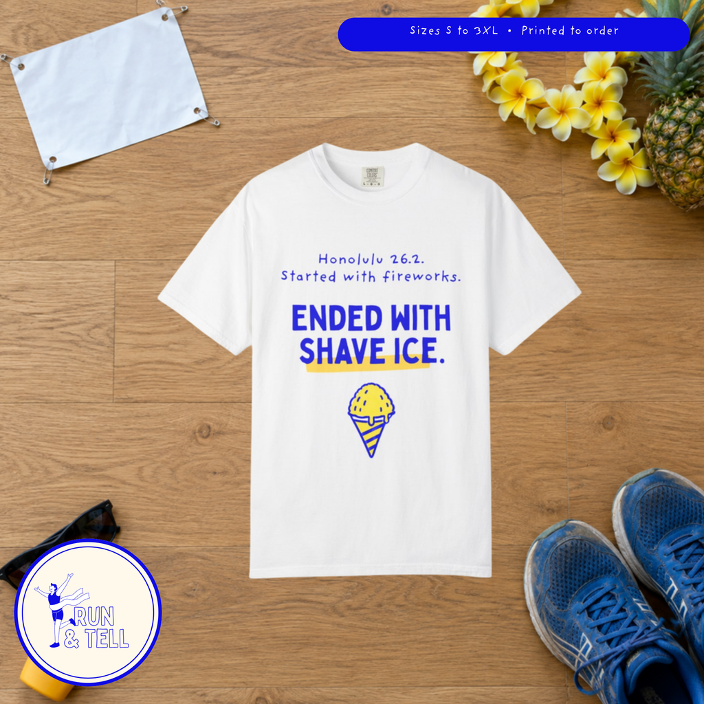 Started With Fireworks, Ended With Shave Ice t-shirt by Run & Tell, shown in use