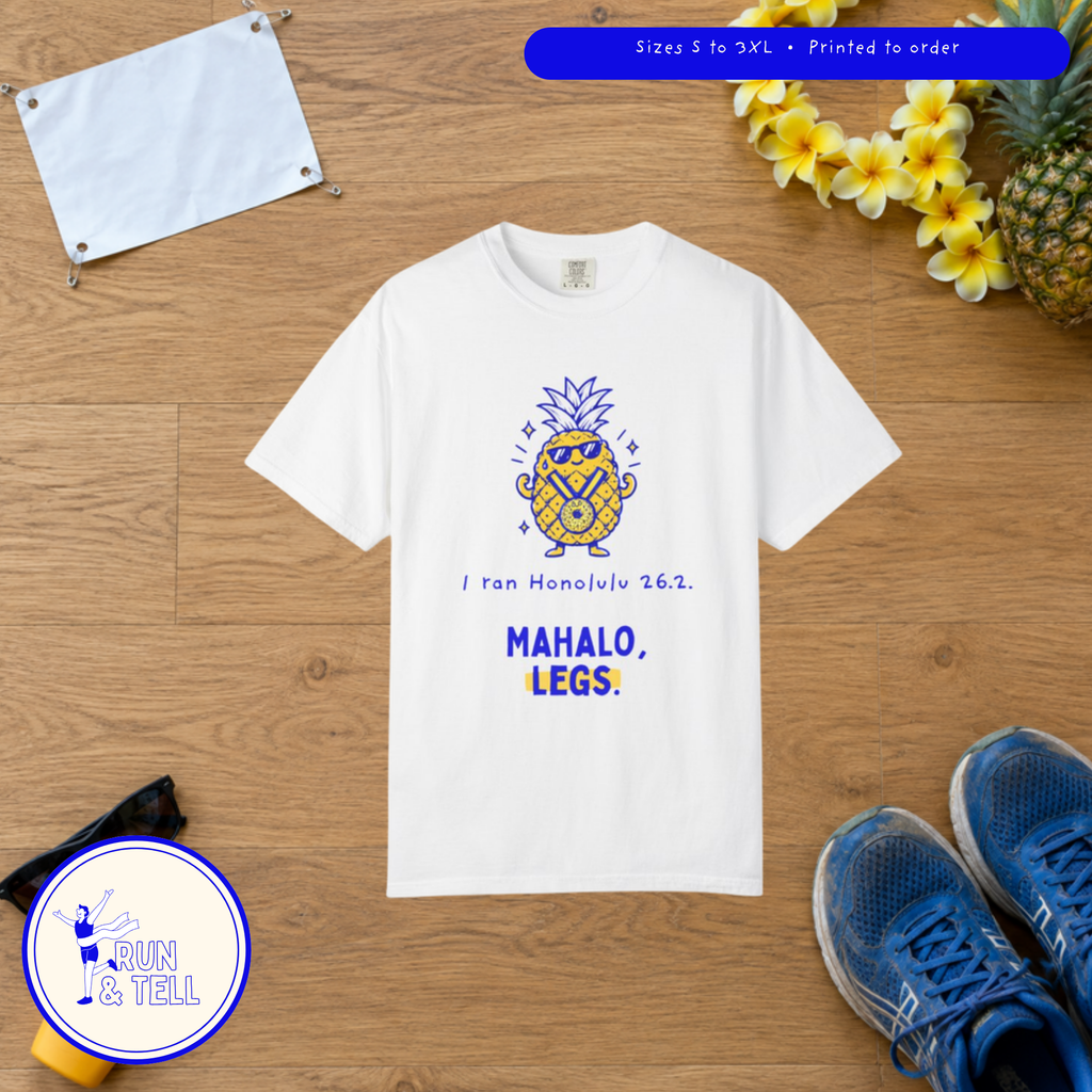 Mahalo, Legs t-shirt by Run & Tell, shown in use