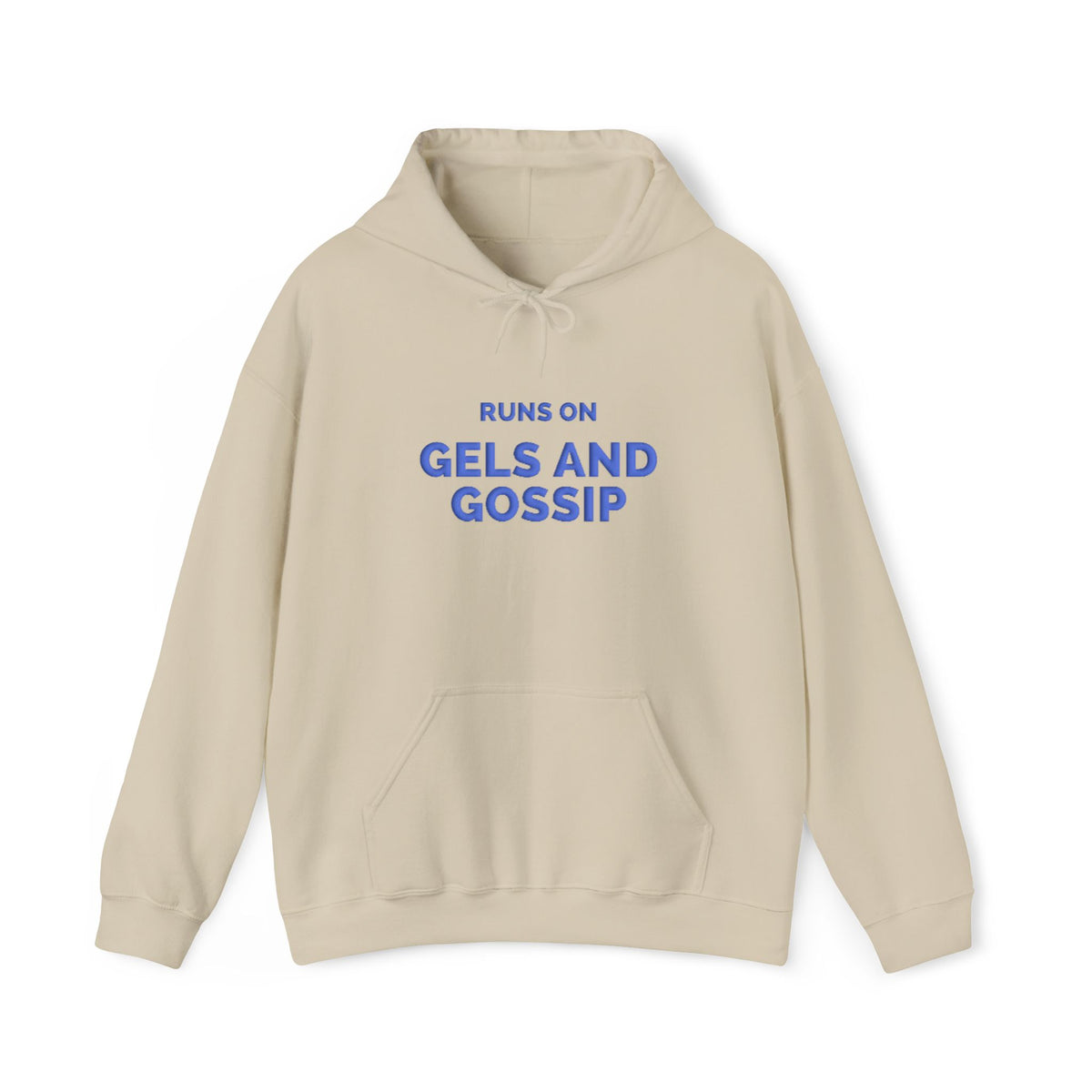 Runs on Gels and Gossip funny running puff print hoodie by Run & Tell