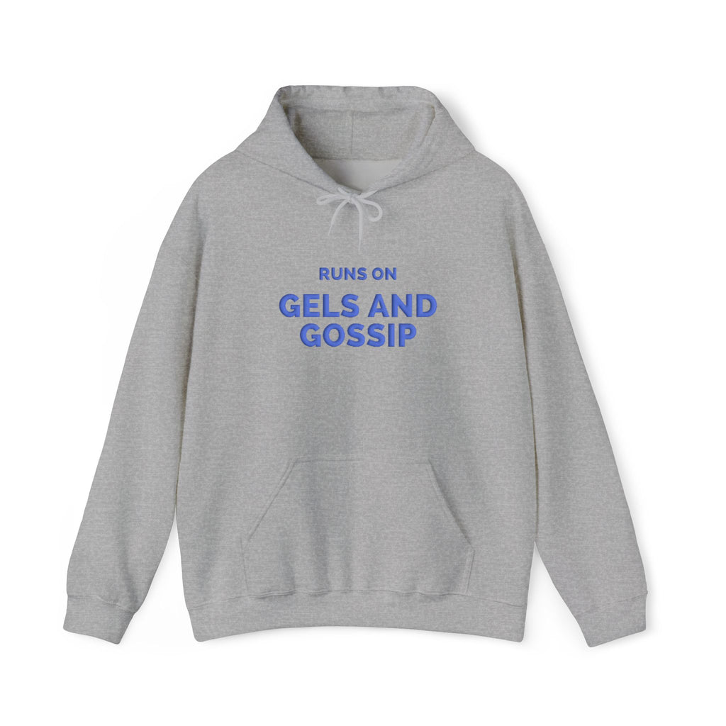 Runs on Gels and Gossip funny running puff print hoodie by Run & Tell