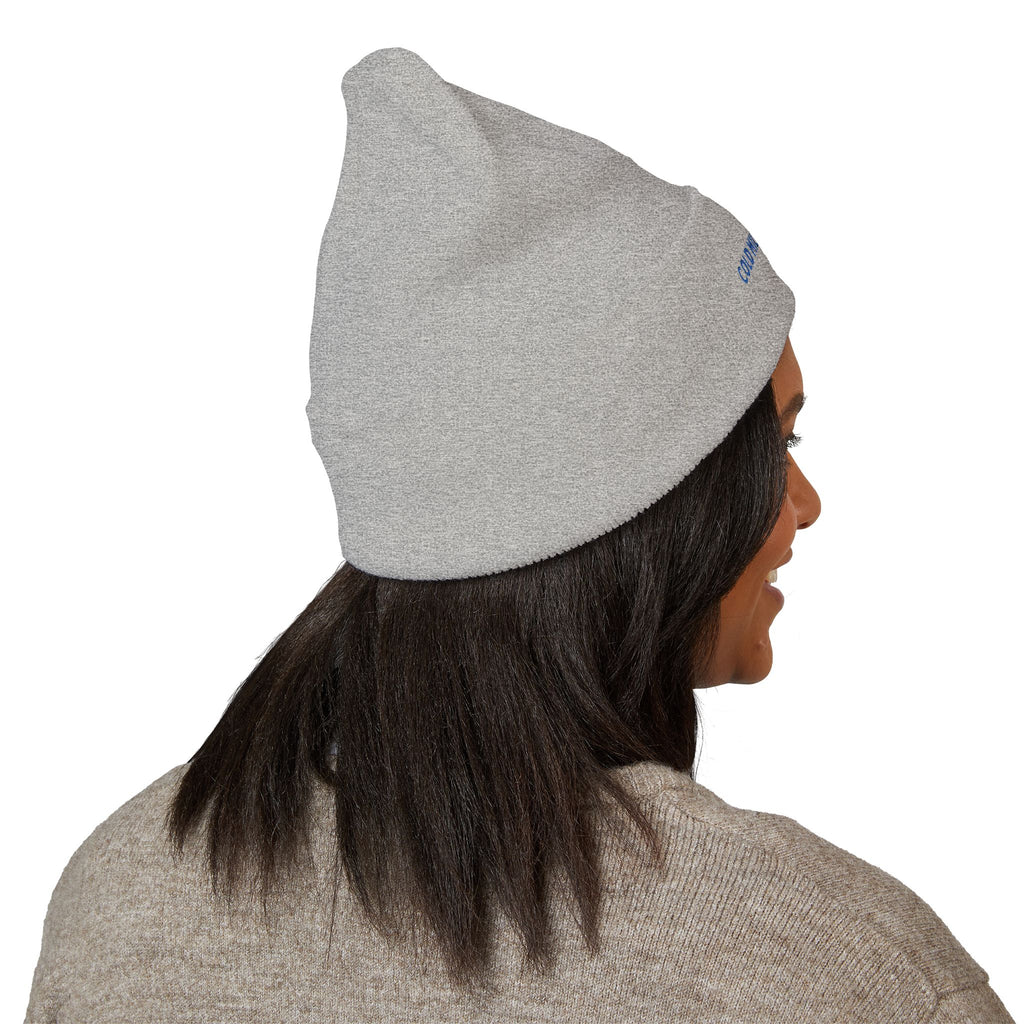 Cold Miles. Hot Takes. embroidered beanie, worn, back view