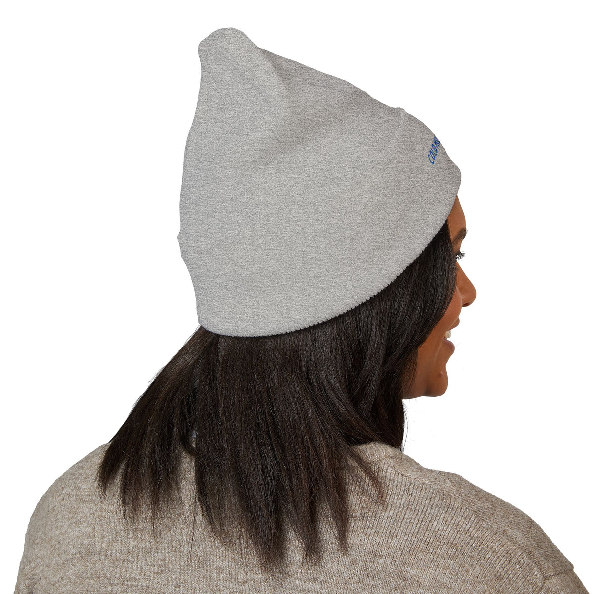 Cold Miles. Hot Takes. embroidered beanie, worn, back view
