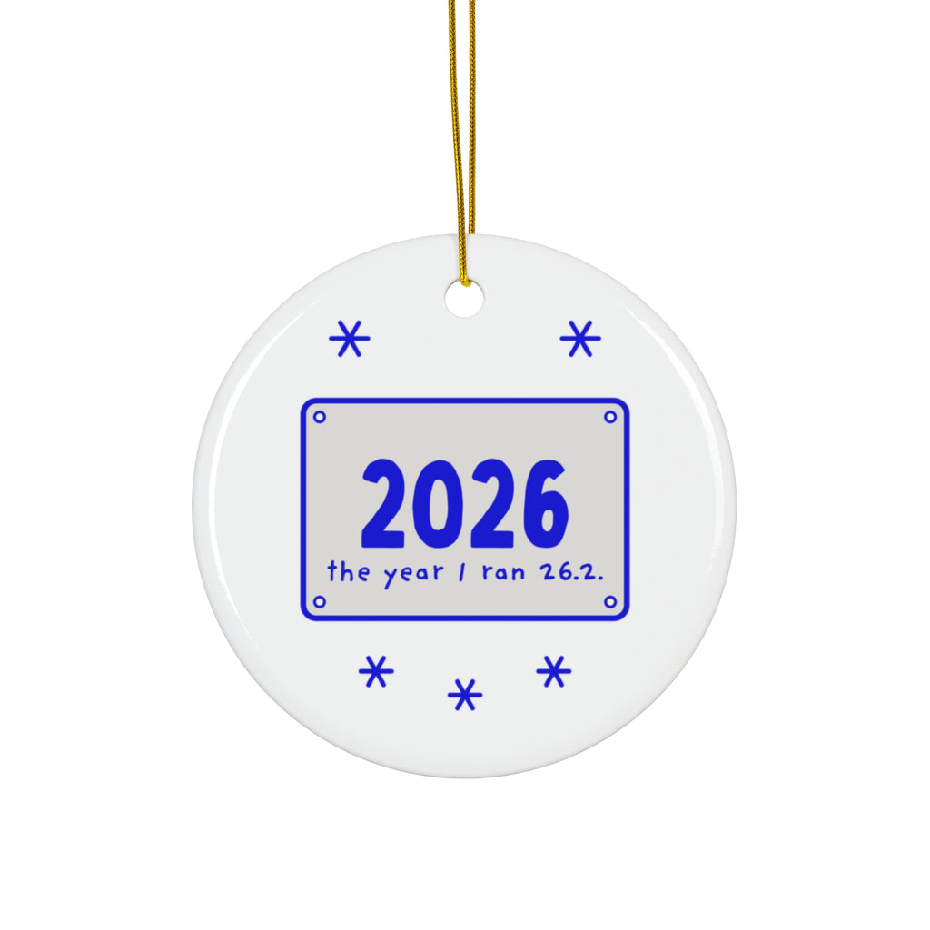2026: The Year I Ran 26.2 marathon Christmas ornament, front view