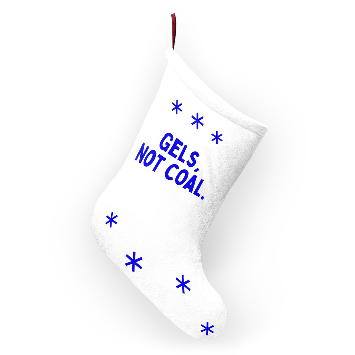 Gels, Not Coal runner Christmas stocking, hanging