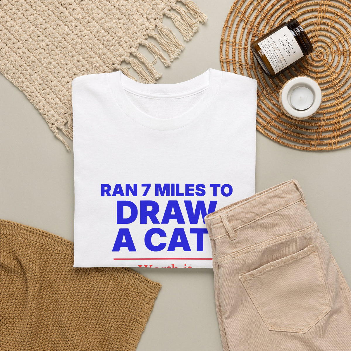 Ran 7 Miles to Draw a Cat unisex cotton t-shirt, mockup
