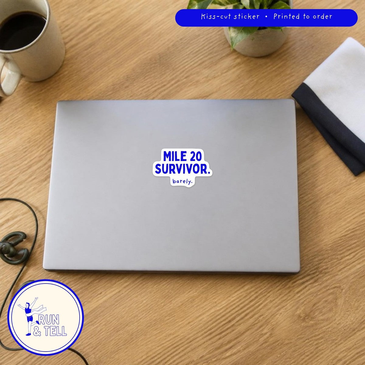 Mile 20 Survivor kiss-cut sticker on a laptop, shown at real 3 inch size