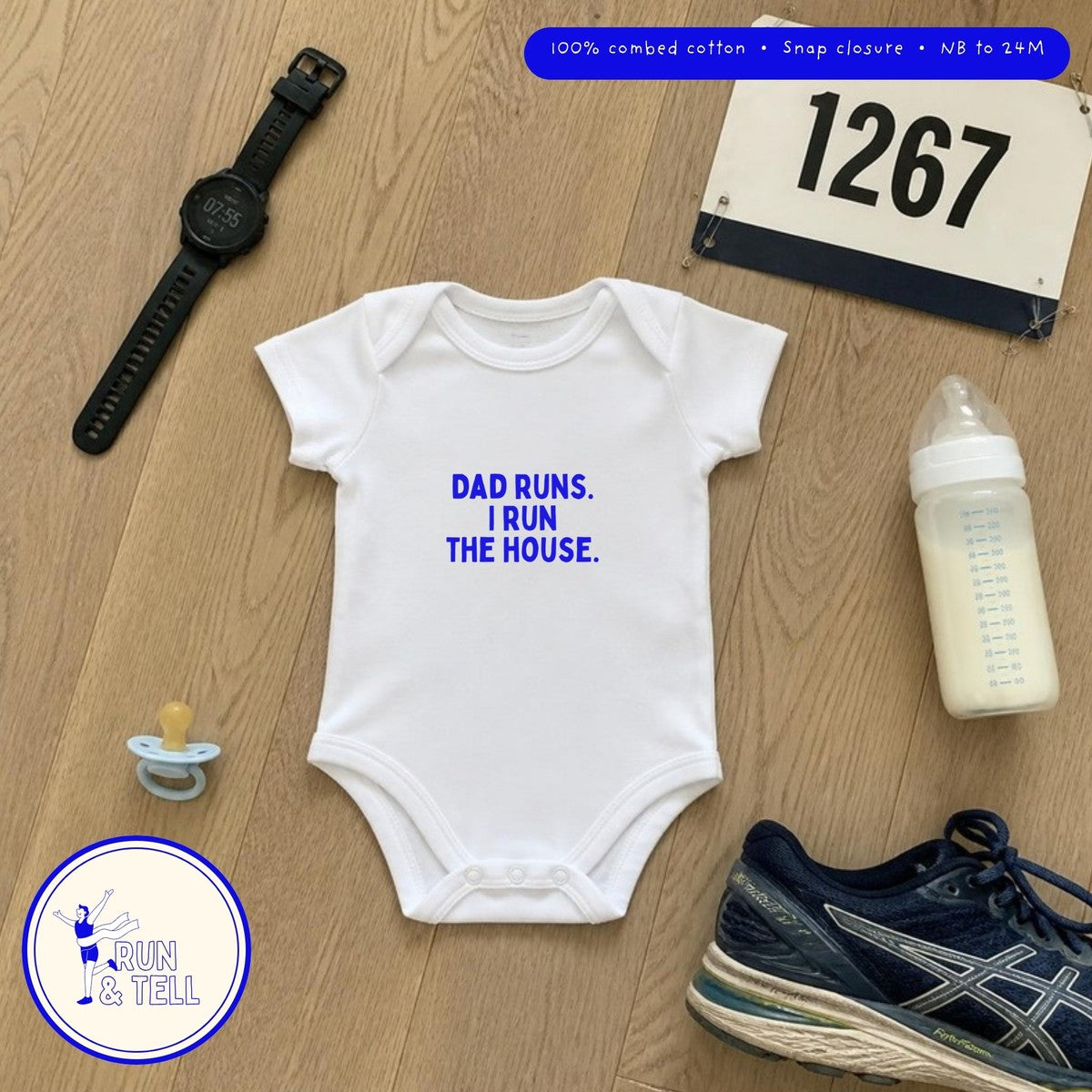 Dad Runs. I Run the House. baby bodysuit, lifestyle photo