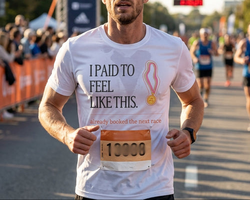 White cotton T-shirt printed with I PAID TO FEEL LIKE THIS, a funny running shirt and marathon finisher gift