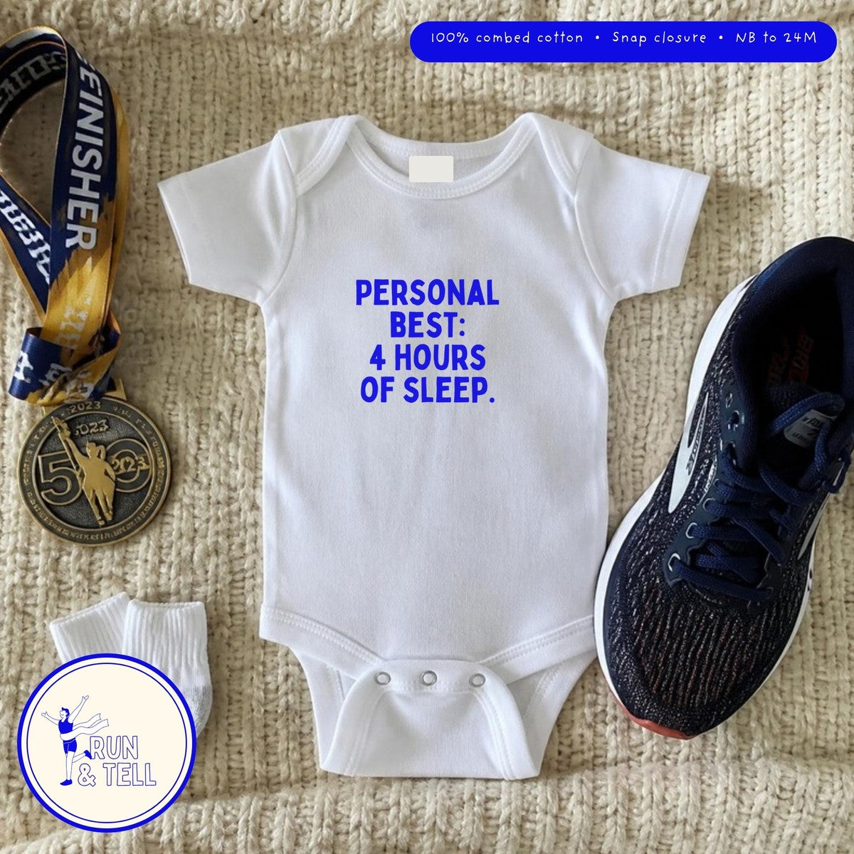 Personal Best: 4 Hours of Sleep baby bodysuit, lifestyle photo