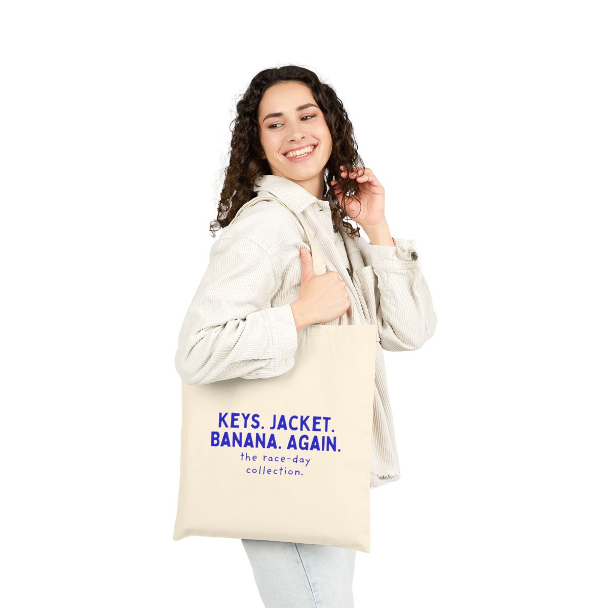 Keys. Jacket. Banana. Again. canvas tote, person 3 front view