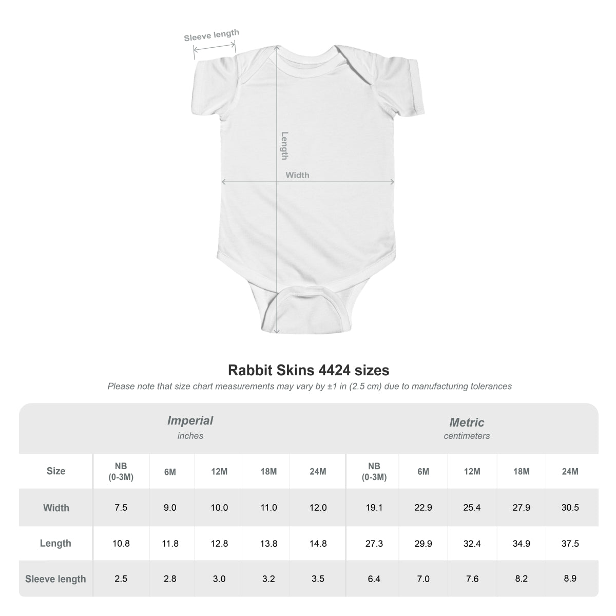 Personal Best: 4 Hours of Sleep baby bodysuit, size chart
