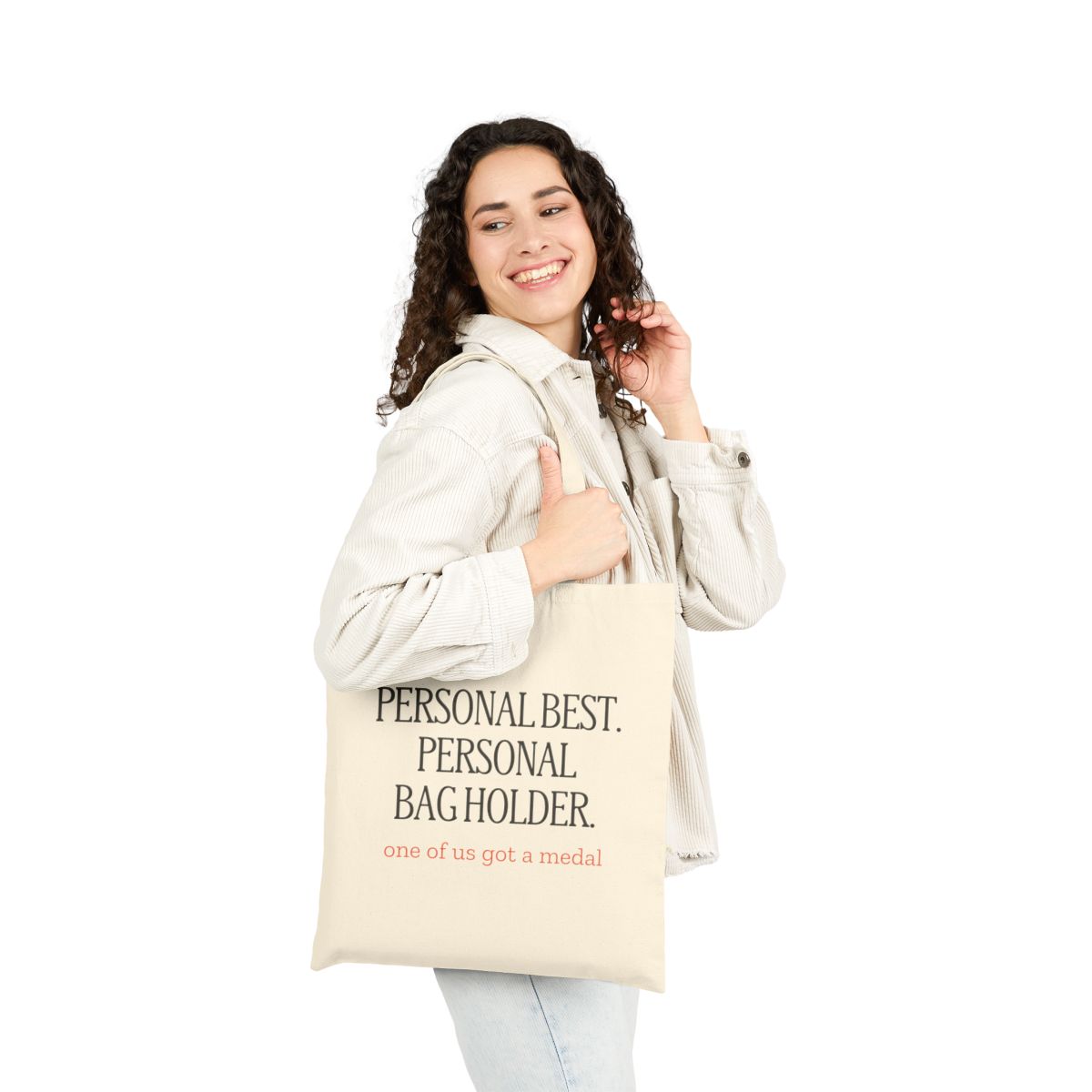 Personal Best. Personal Bag Holder. canvas tote in Natural, person 3 front view