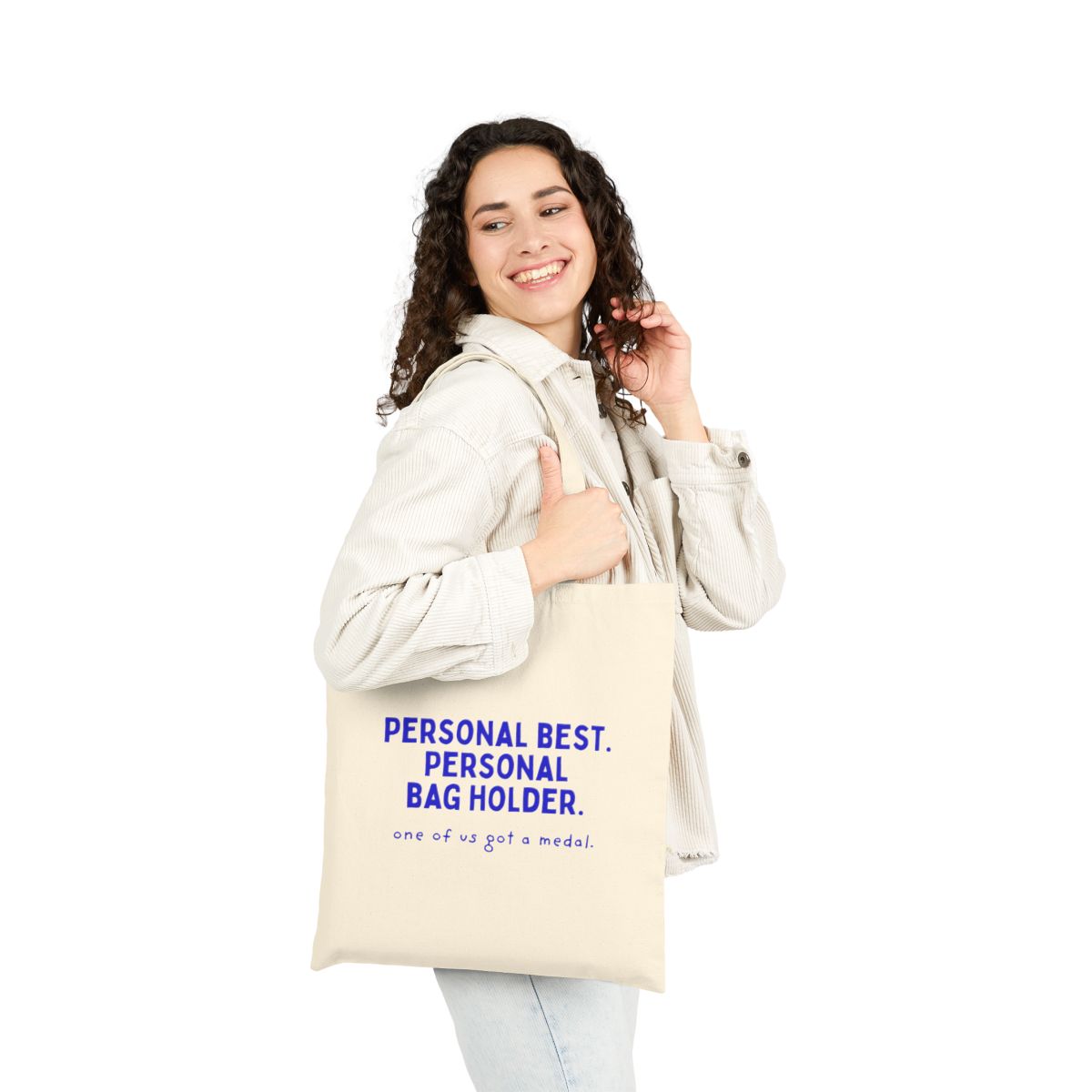 Personal Best. Personal Bag Holder. canvas tote, person 3 front view