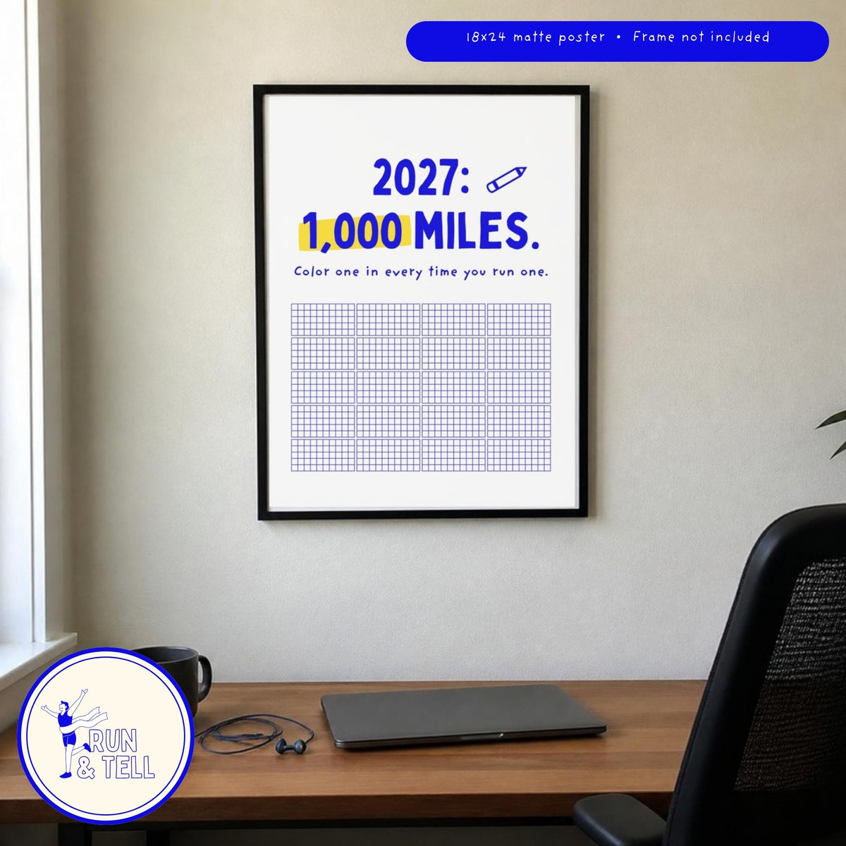 2027 1,000 miles tracker poster on a living room wall