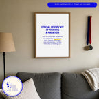 Official certificate of finishing a marathon poster above a medal rack