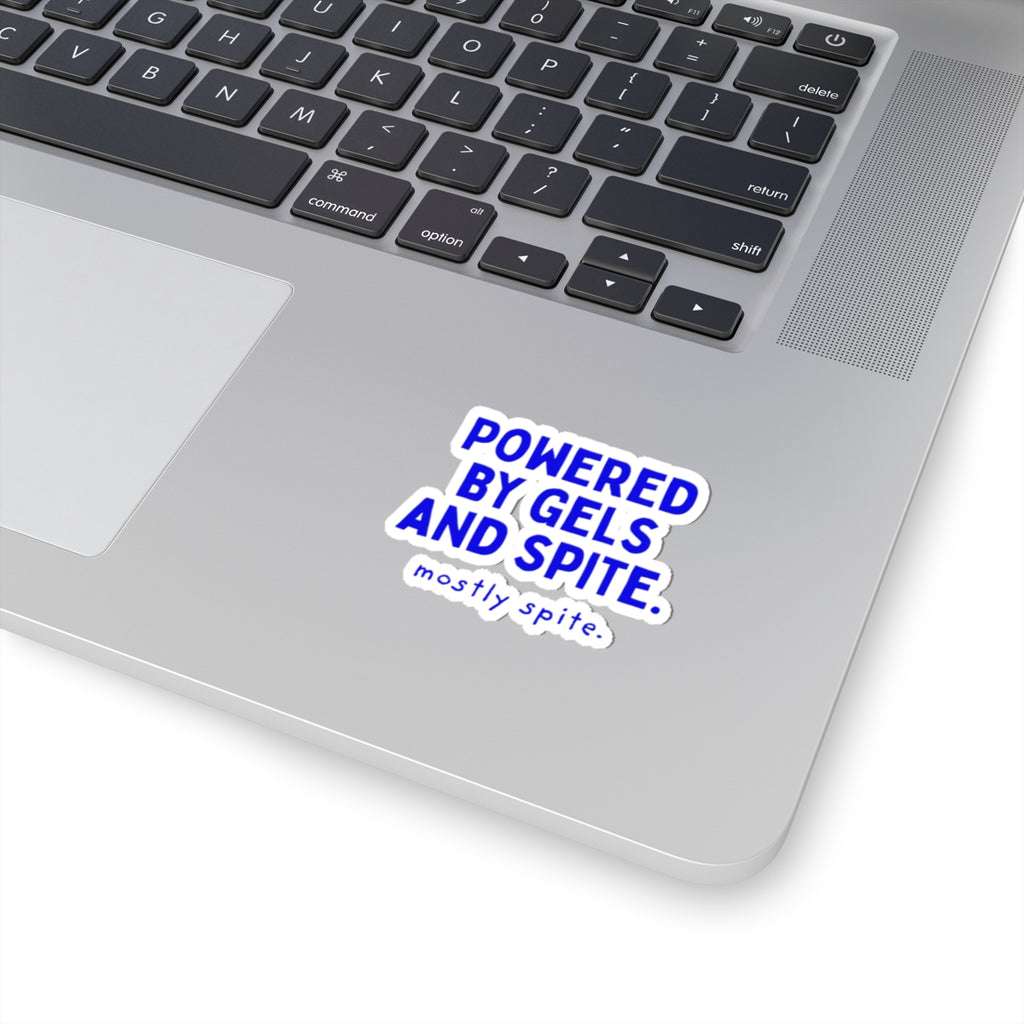 Powered by Gels and Spite kiss-cut sticker, 3 in x 3 in, context 1 view