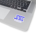 Powered by Gels and Spite kiss-cut sticker, 3 in x 3 in, context 1 view