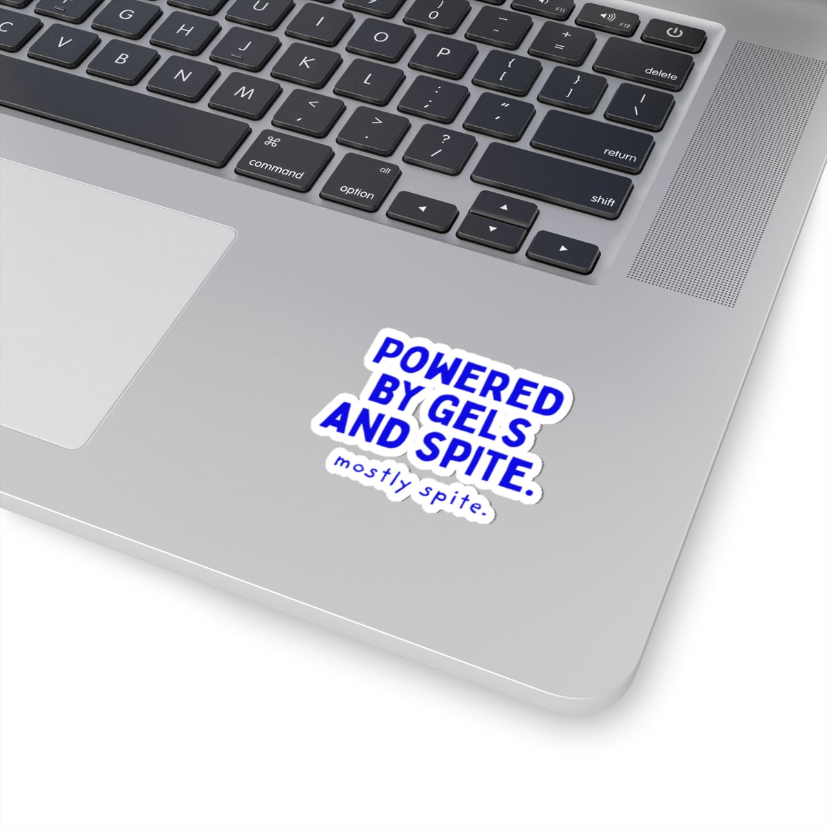 Powered by Gels and Spite kiss-cut sticker, 3 in x 3 in, context 1 view