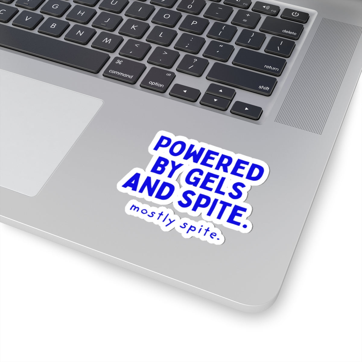 Powered by Gels and Spite kiss-cut sticker, 4 in x 4 in, context 1 view