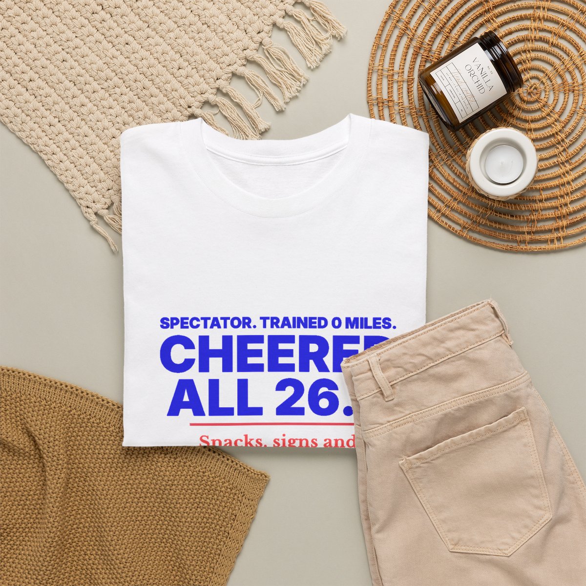 Spectator. Trained 0 Miles. Cheered All 26.2. unisex cotton t-shirt in White, folded 2 view